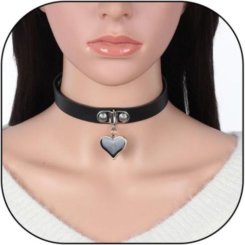 Black Leather Choker With Black Heart Locket image