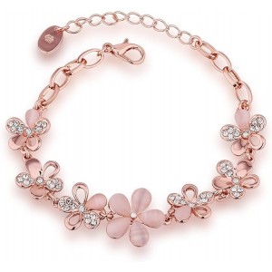Rose Gold Bracelet With Pink Flowers And Rhinestones