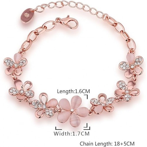 Rose Gold Bracelet With Pink Flowers And Rhinestones For Women image