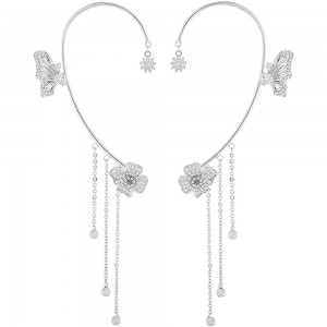 Butterfly Ear Cuff Earrings with Rhinestones & Chains-Silver