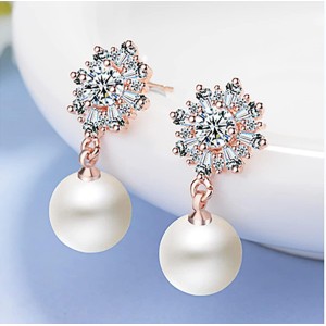 Rose Gold Snowflake Earrings With Zirconia And Simulated Pearls