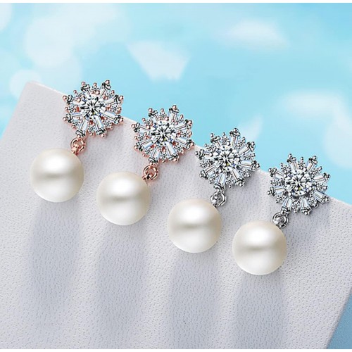 Rose Gold Snowflake Earrings With Zirconia And Simulated Pearls image