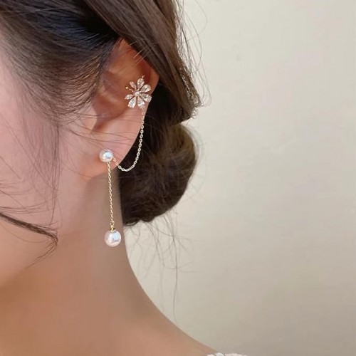 Flower Pearl Tassel Ear Bone Clip Piece Earrings image