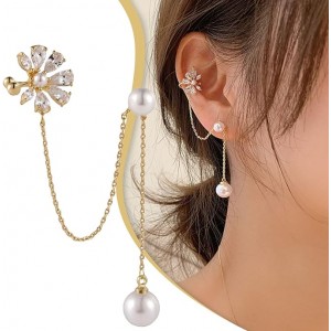Flower Pearl Tassel Ear Bone Clip Piece Earrings