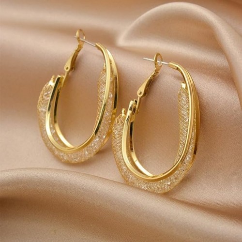 Gold Mesh Hoop Earrings with Rhinestones image
