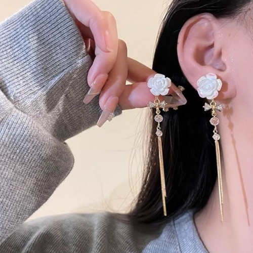 White Rose Earrings With Delicate Gold Chain image