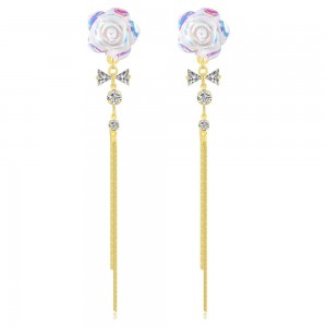 White Rose Earrings With Delicate Gold Chain