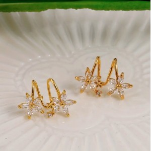Elegant Gold Plated Zircon Flower Inlaid Earrings-Gold