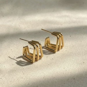 Trendy Geometric Gold-Tone Stainless Steel Hoop Earrings