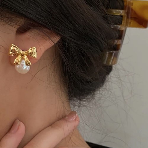 Pearl Bow Knot Stud Gold Bow Earrings image