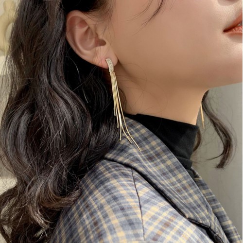 Stunning Full Rhinestone Long Tassel Earrings image