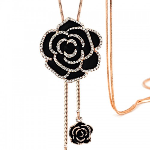 Black Rose Necklace With Rhinestones For Women-Gold image