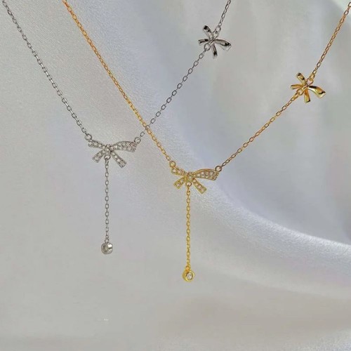 Gold Color Zircon Bow Pendant Necklace For Women image