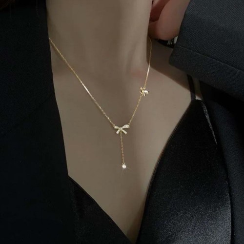 Gold Color Zircon Bow Pendant Necklace For Women image