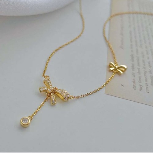 Gold Color Zircon Bow Pendant Necklace For Women image