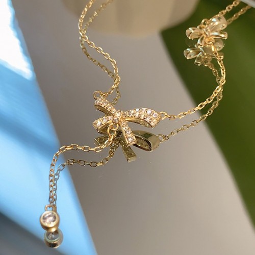 Gold Color Zircon Bow Pendant Necklace For Women image