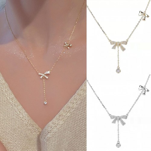 Gold Color Zircon Bow Pendant Necklace For Women image