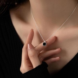 Black Square Pendant Necklace For Women-Silver