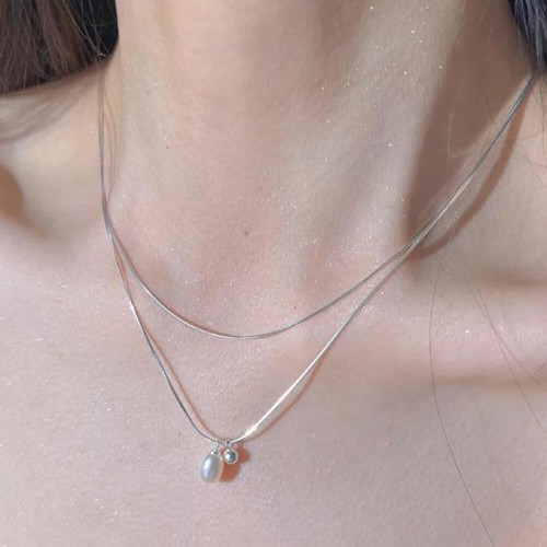 Double Strand Sterling Silver Pearl Pendant Necklace image