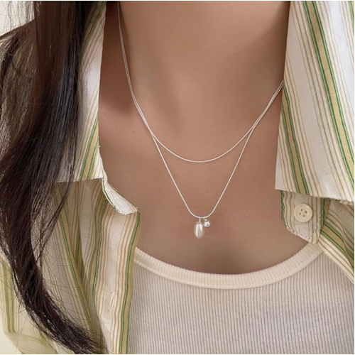 Double Strand Sterling Silver Pearl Pendant Necklace image