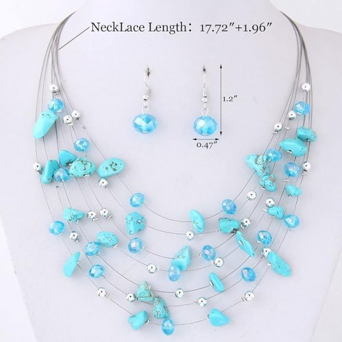 Bohemian Multi Layer Necklace Set With Crystals-Light Blue image