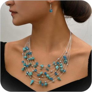 Bohemian Multi Layer Necklace Set With Crystals-Light Blue 