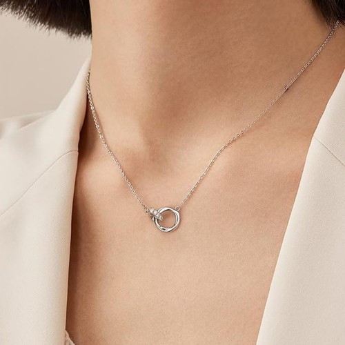 Sterling Silver Double Circle Necklace with Diamonds image