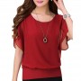 Summer Short Sleeve Round-Neck Chiffon Shirt for Women-Red