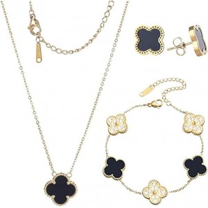 Black and Gold Clover Necklace, Bracelet, and Earrings Set