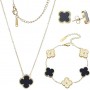 Black and Gold Clover Necklace, Bracelet, and Earrings Set