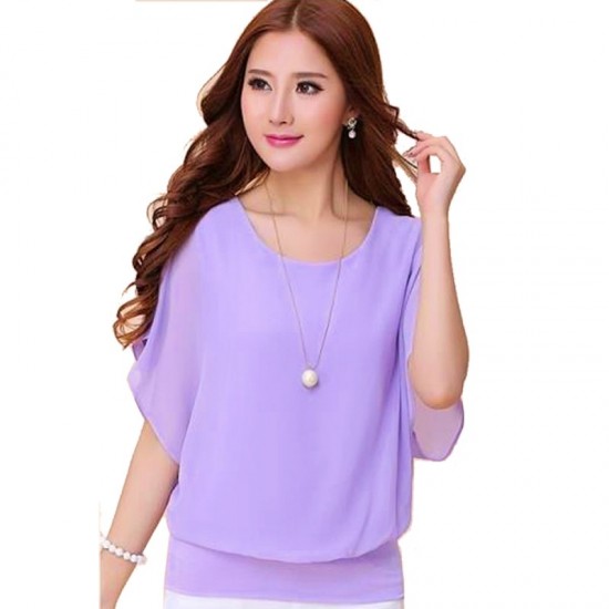 Summer Short Sleeve Round-Neck Chiffon Shirt for Women-Purple image