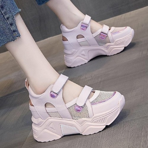 Chunky Platform Lace Up Breathable Mesh Ladies Sneakers - Pink image