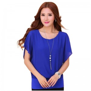 Summer Short Sleeve Round-Neck Chiffon Shirt for Women-Blue