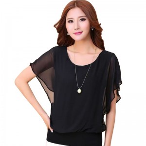 Summer Short Sleeve Round-Neck Chiffon Shirt for Women-Black