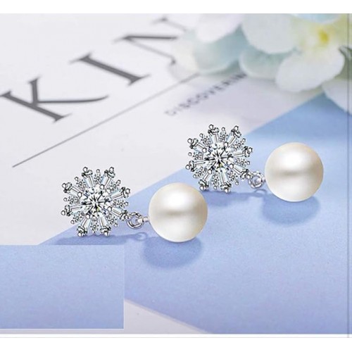Silver Snowflake Earrings With Zirconia And Simulated Pearls image