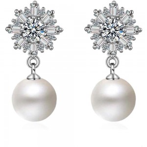 Silver Snowflake Earrings With Zirconia And Simulated Pearls
