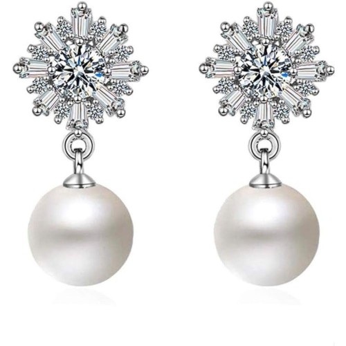 Silver Snowflake Earrings With Zirconia And Simulated Pearls image
