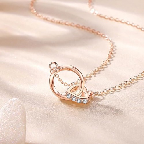 Sterling Rose Gold Double Circle Necklace With Diamonds image