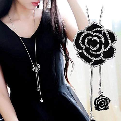 Black Rose Necklace With Rhinestones For Women-Silver image