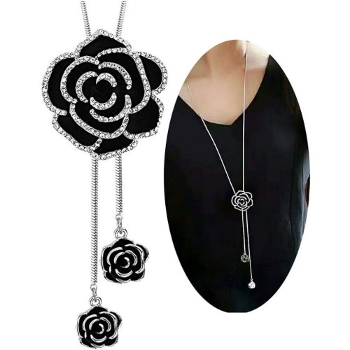 Black Rose Necklace With Rhinestones For Women-Silver image