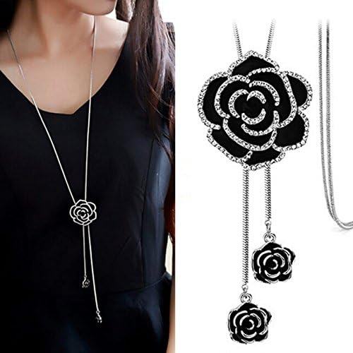 Black Rose Necklace With Rhinestones For Women-Silver image