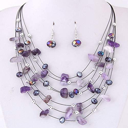 Bohemian Multi Layer Necklace Set With Crystals-Purple image