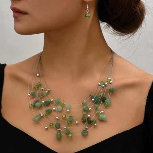 Bohemian Multi Layer Necklace Set With Crystals-Green image
