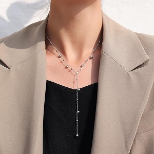 Silver Plated Y Shaped Bead Chain Necklace	