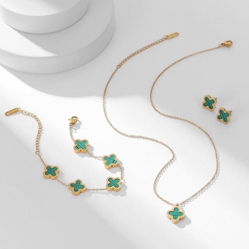 Green and Gold Clover Necklace, Bracelet, and Earrings Set image