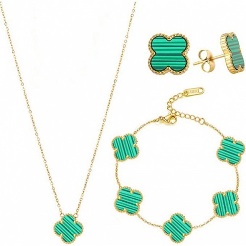 Green and Gold Clover Necklace, Bracelet, and Earrings Set image