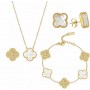 White and Gold Clover Necklace, Bracelet, and Earrings Set
