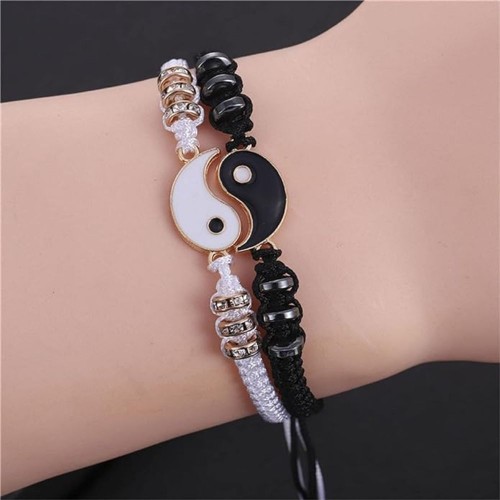 Black And White Yin Yang Charm Best Friend Bracelets-Gold image