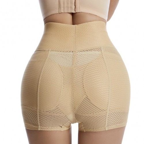 Biege High-Waisted Butt Lifter Shorts with Mesh Panels image