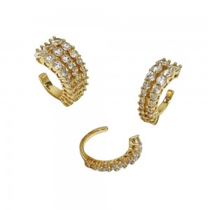 Gold Hoop Earrings with Diamonds Cuff 3 PCS